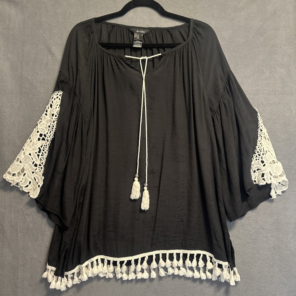 Ali Miles Gauze Lace Fringe Top Size M Black Boho Office Vacation Beach Cover Up